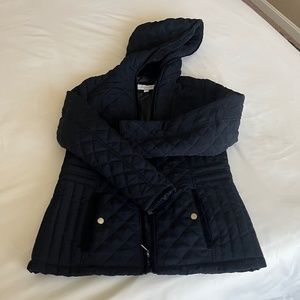 Anthropologie navy quilted winter parka with lined hood and silver hardware